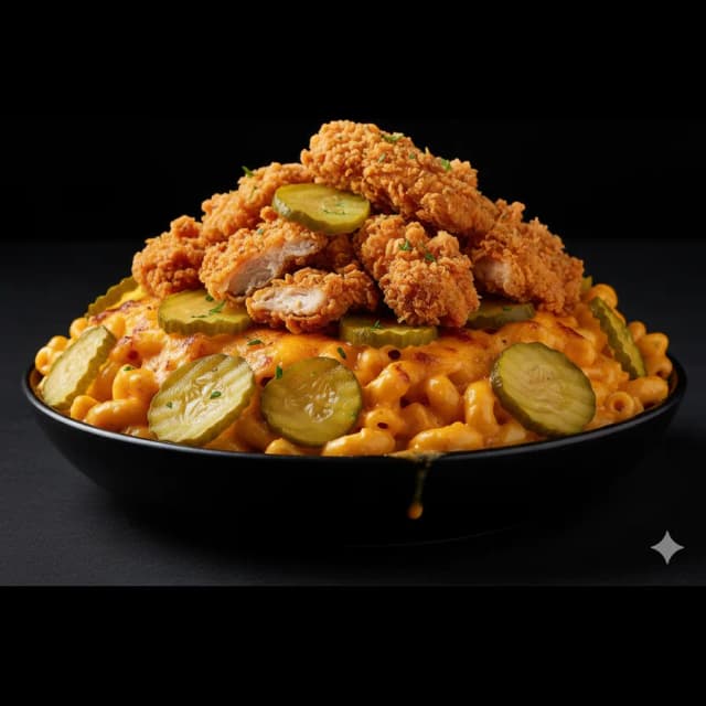 Fryer House loaded mac and cheese topped with fried chicken