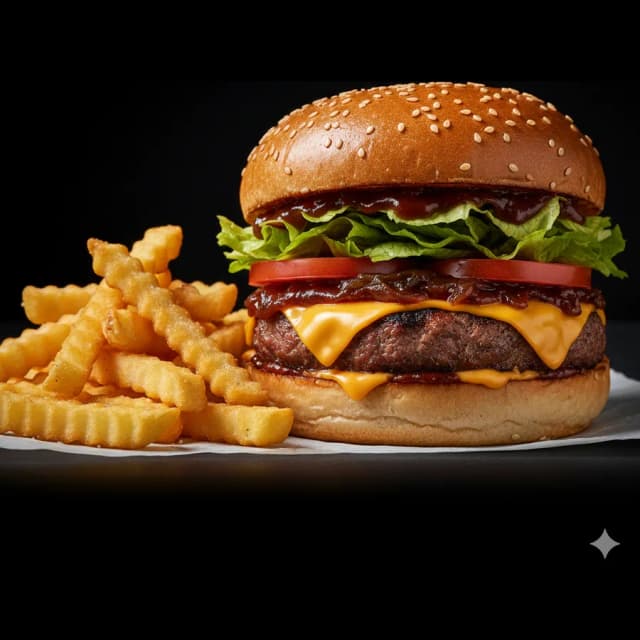 The Fryer House Basic Burger with crinkle fries
