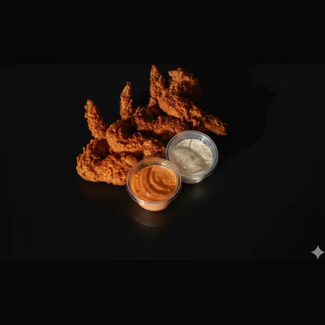 A Fryer House wings meal with dipping sauces